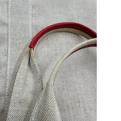 Manici, Borsa Tote Prada in tessuto Jacquard beige con finiture in pelle rossa. Indossabile a mano. Originale, usata, di lusso, in ottime condizioni.