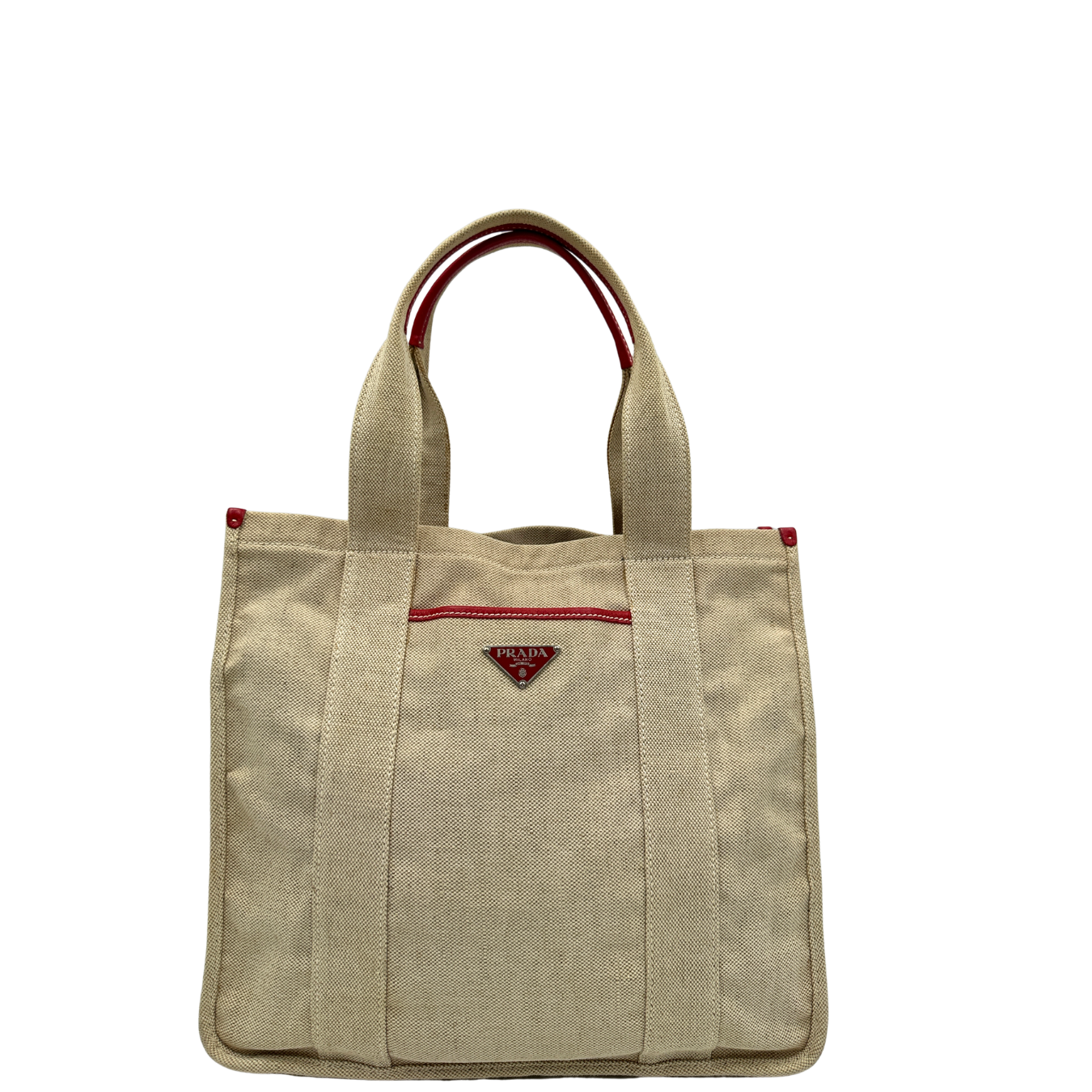 Front, Borsa Tote Prada in tessuto Jacquard beige con finiture in pelle rossa. Indossabile a mano. Originale, usata, di lusso, in ottime condizioni.