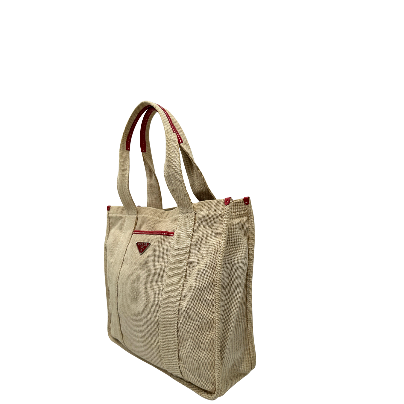 Lato, Borsa Tote Prada in tessuto Jacquard beige con finiture in pelle rossa. Indossabile a mano. Originale, usata, di lusso, in ottime condizioni.