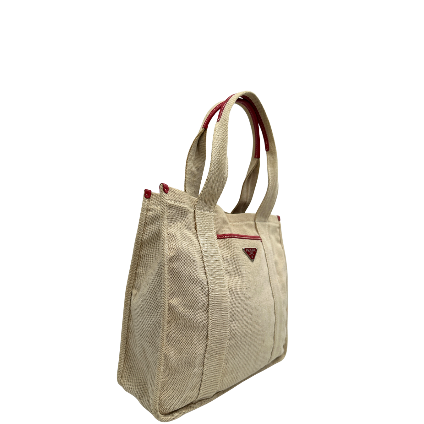 Lato, Borsa Tote Prada in tessuto Jacquard beige con finiture in pelle rossa. Indossabile a mano. Originale, usata, di lusso, in ottime condizioni.