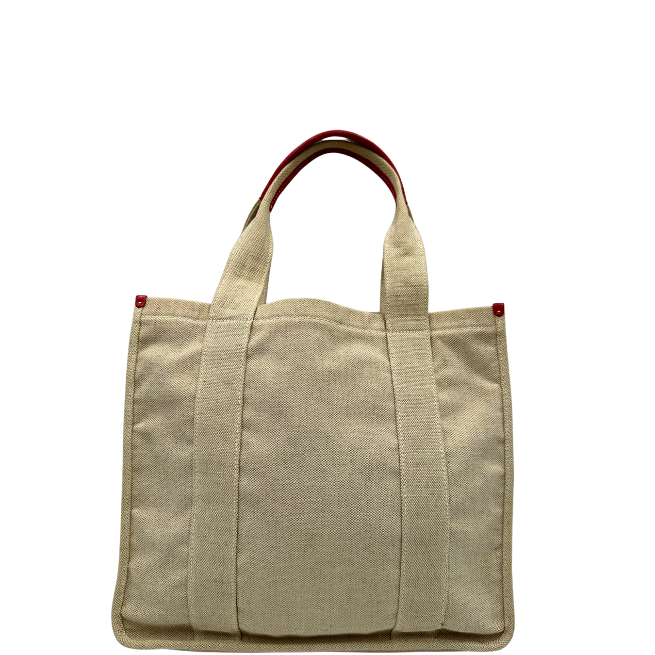 Retro, Borsa Tote Prada in tessuto Jacquard beige con finiture in pelle rossa. Indossabile a mano. Originale, usata, di lusso, in ottime condizioni.