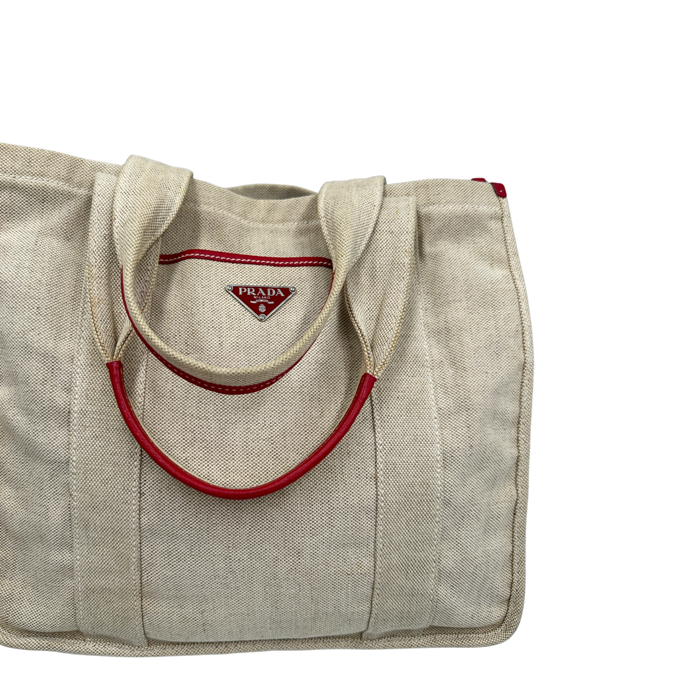 Manici, Borsa Tote Prada in tessuto Jacquard beige con finiture in pelle rossa. Indossabile a mano. Originale, usata, di lusso, in ottime condizioni.