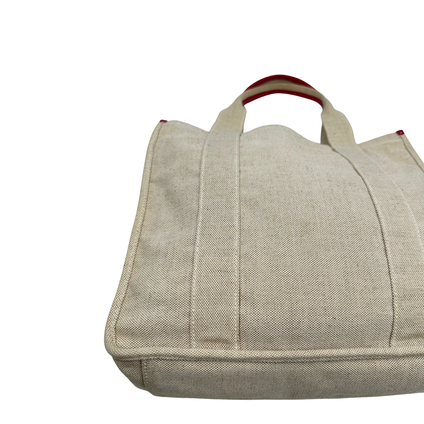 Borsa Tote Prada in tessuto Jacquard beige con finiture in pelle rossa. Indossabile a mano. Originale, usata, di lusso, in ottime condizioni.