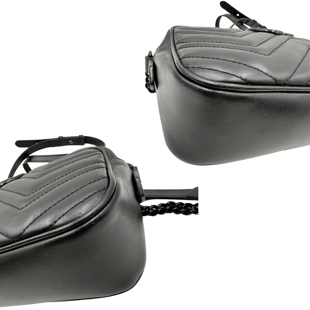 Angoli, Camera bag Gucci Marmont in pelle nera trama chevron con hardware toto sul tono. Indossabile a tracolla. Originale, usata, di lusso, in ottime condizioni.