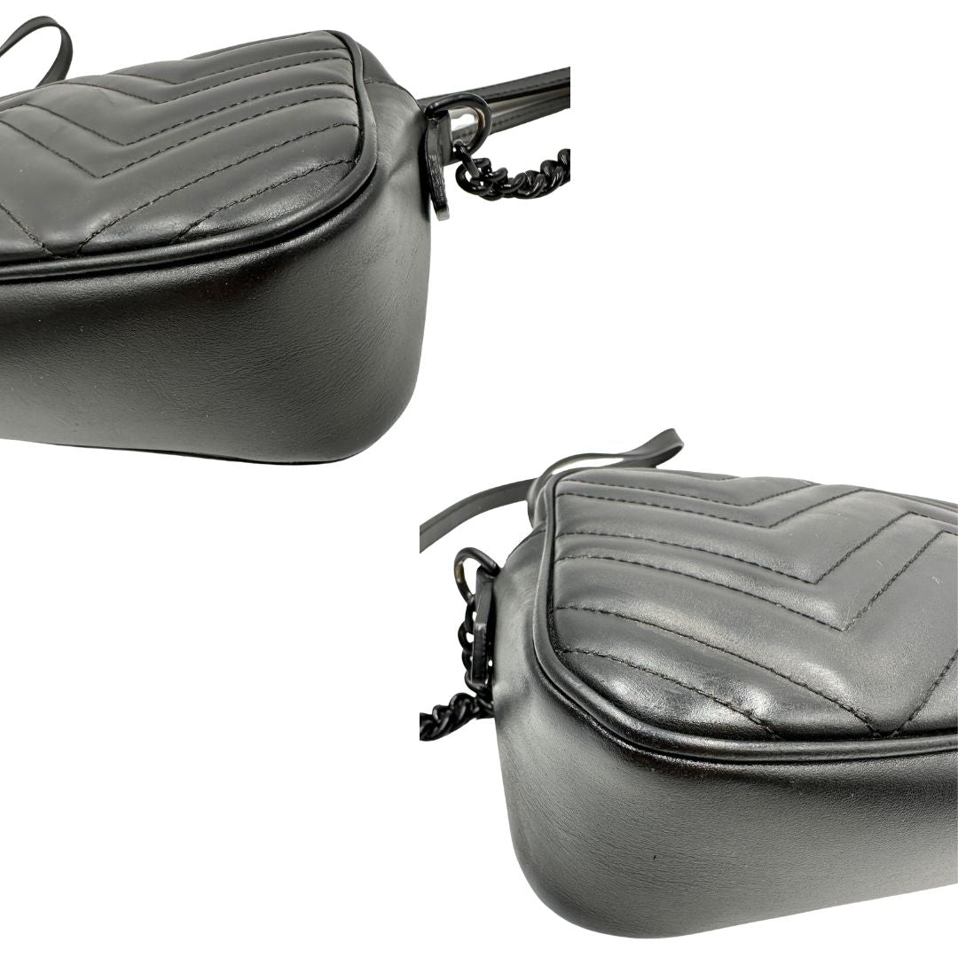 Angoli, Camera bag Gucci Marmont in pelle nera trama chevron con hardware toto sul tono. Indossabile a tracolla. Originale, usata, di lusso, in ottime condizioni.