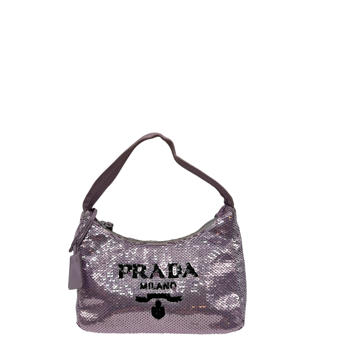 front Borsa Prada Re-Edition 2000 mini in paillettes lilla 