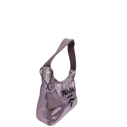 lato Borsa Prada Re-Edition 2000 mini in paillettes lilla 