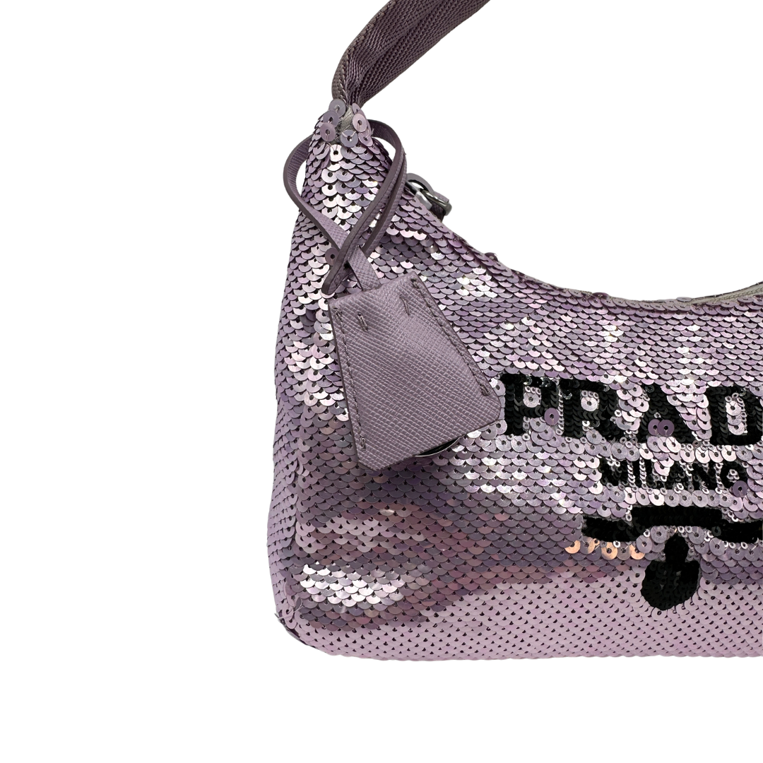 Borsa Prada Re-Edition 2000 mini in paillettes lilla 