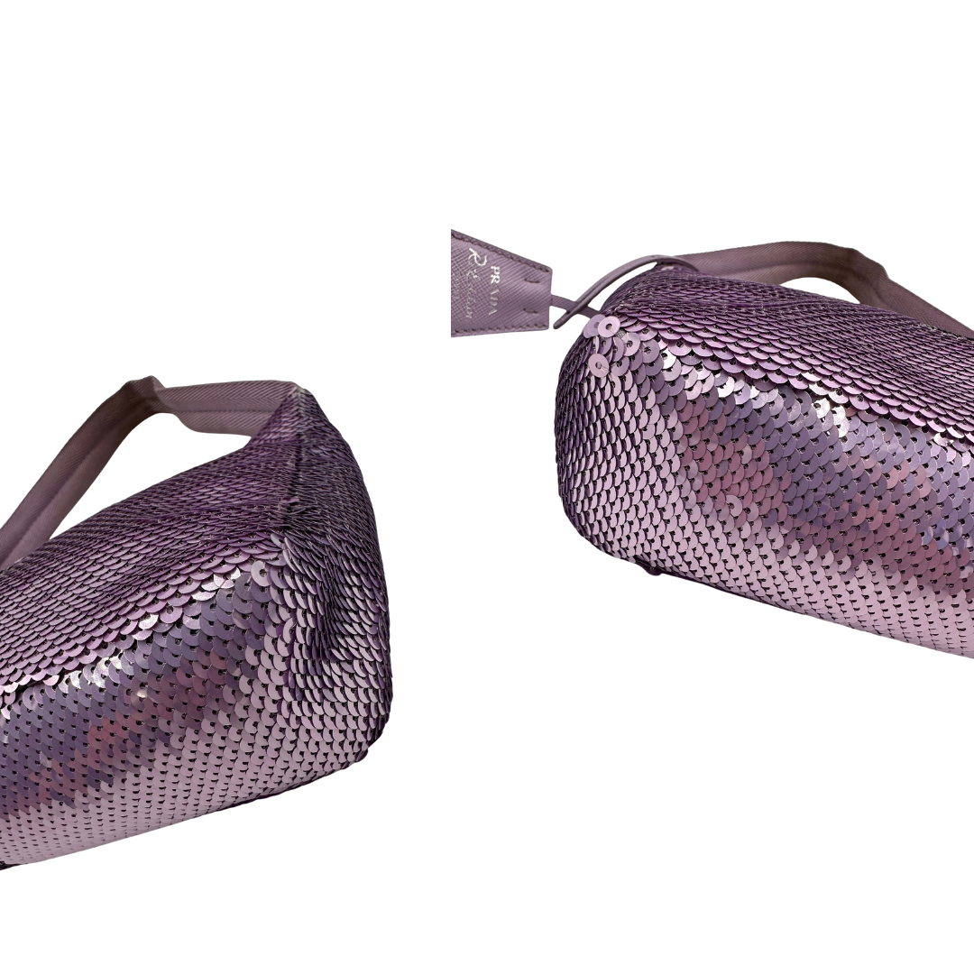 angoli Borsa Prada Re-Edition 2000 mini in paillettes lilla