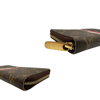 angoli, Portafoglio Louis Vuitton in tela Monogram marrone personalizzato con strisce verticali fucsia e bianco e le iniziali LS. Originale, usato, di lusso, in ottime condizioni.