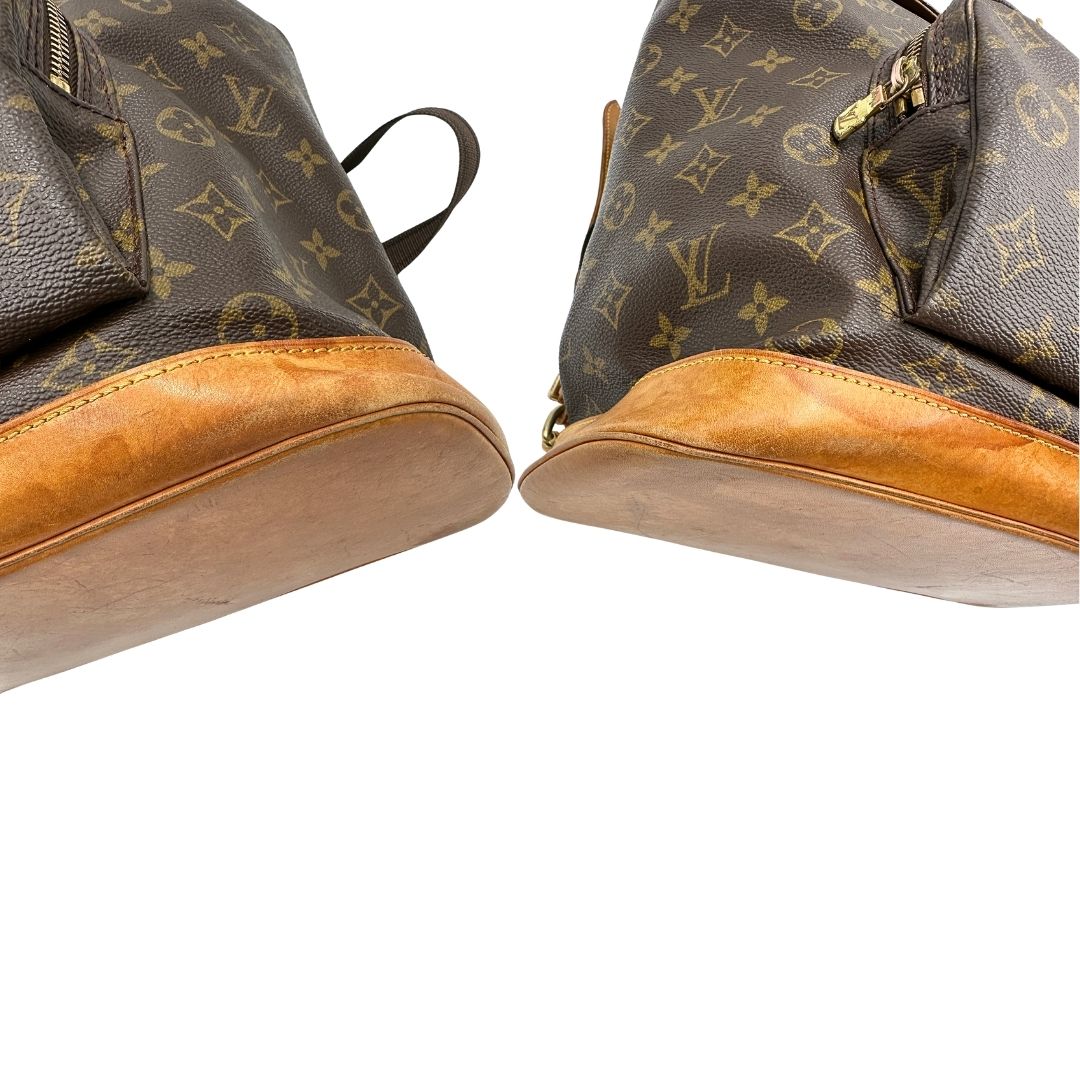 Angoli di uno zaino Montsouris GM in canvas marrone monogram con finiture in vacchetta naturale.