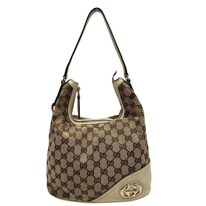 front Borsa Gucci in tessuto GG monogram beige con parti metalliche dorate e finiture in pelle; munita di un manico singolo, da portare a spalla 