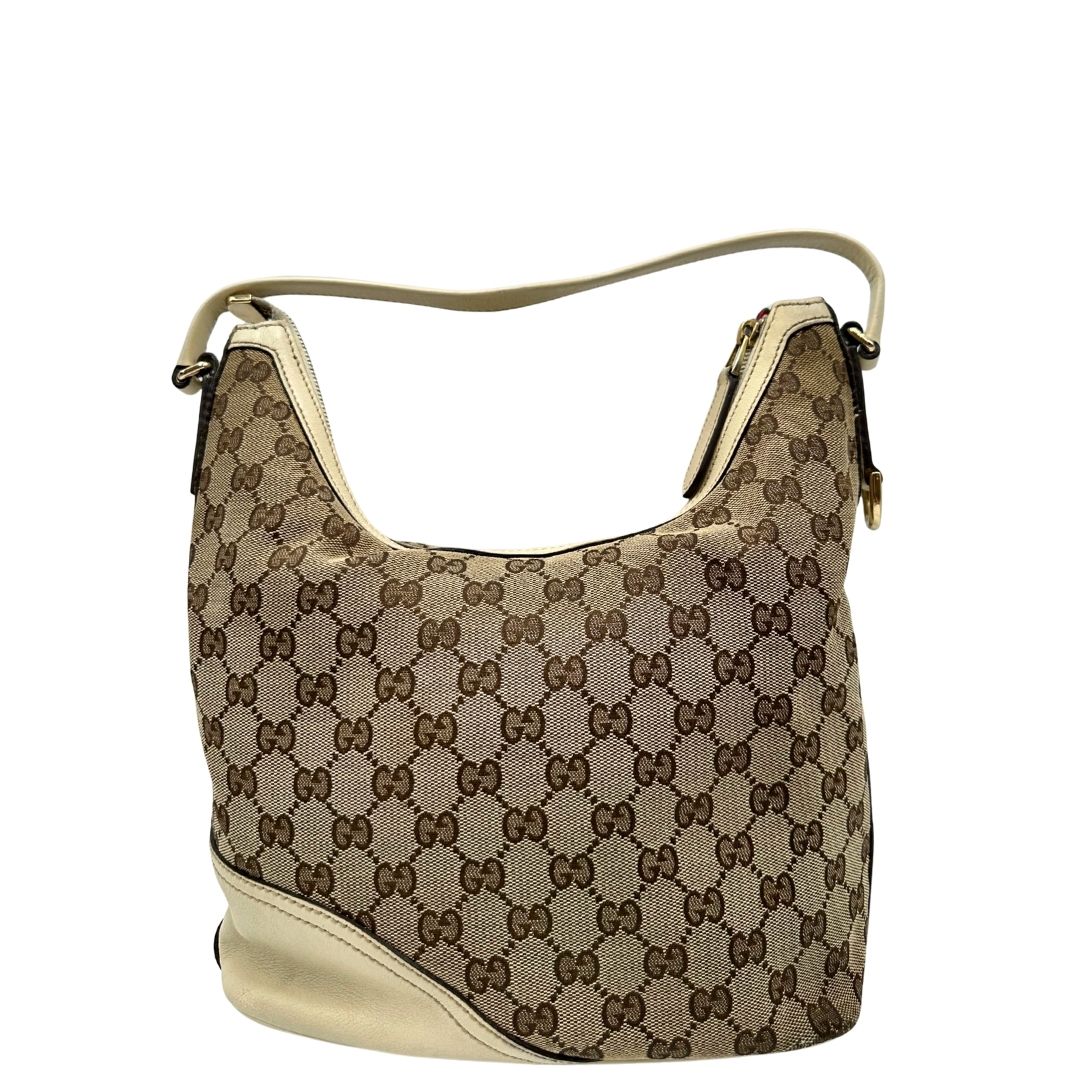 retro Borsa Gucci in tessuto GG monogram beige con parti metalliche dorate e finiture in pelle; munita di un manico singolo, da portare a spalla