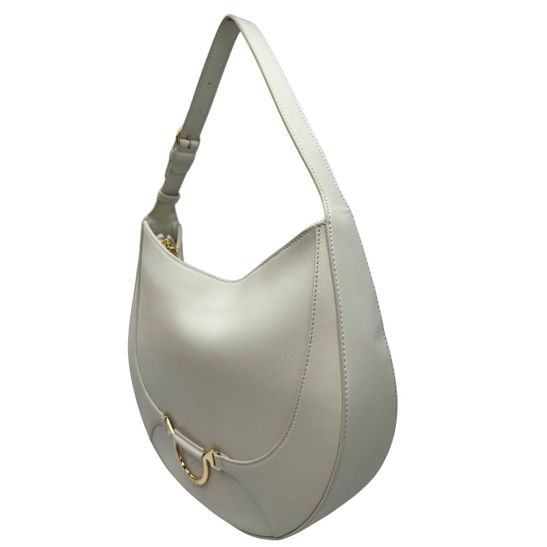 Laterali Borsa Borbonese in pelle bianca con parti metalliche dorate; munita di un manico singolo&nbsp;regolabile, indossabile a spalla