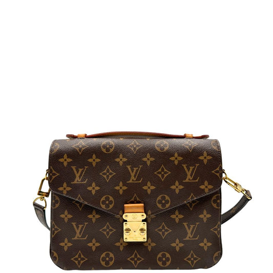 Front di una Borsa Louis Vuitton Métis in canvas marrone monogram con dettagli in vacchetta naturale e parti metalliche dorate. Munita di manico singolo e una tracolla regolabile, e amovibile. Originale, usata, di lusso, in ottime condizioni.