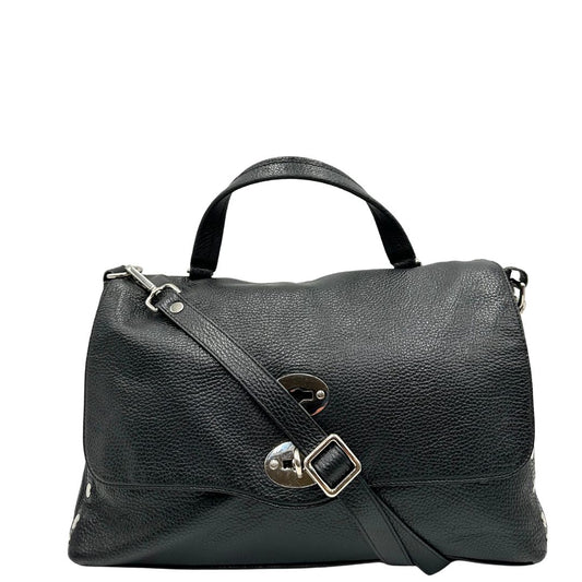 front  Borsa Zanellato in pelle martellata nera con parti metalliche dorate; munita di un manico singolo e una tracolla amovibile e regolabile, di lusso, originale, ottime condizioni. 