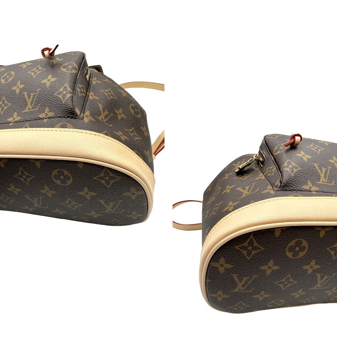 Angoli di uno zaino LV in canvas marrone monogram con finiture in vacchetta naturale e parti metalliche dorate; munito di due bretelle regolabili. Full set.