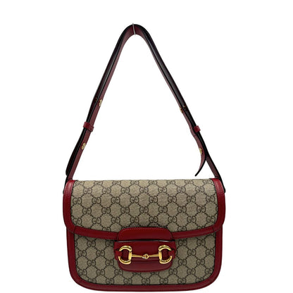 front  Borsa Gucci in canvas GG e finiture in pelle color amarena con dettaglio Horsebit sulla chiusura, di lusso, originale, ottime condizioni, usata 