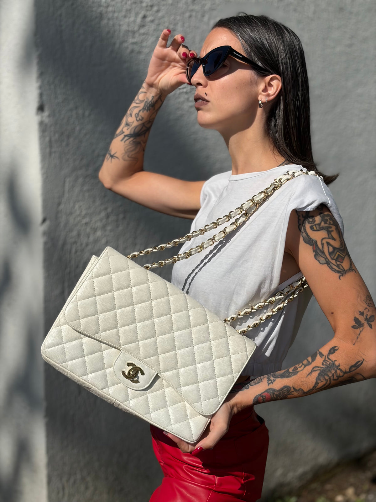 Borsa Chanel caviar Timeless bianca