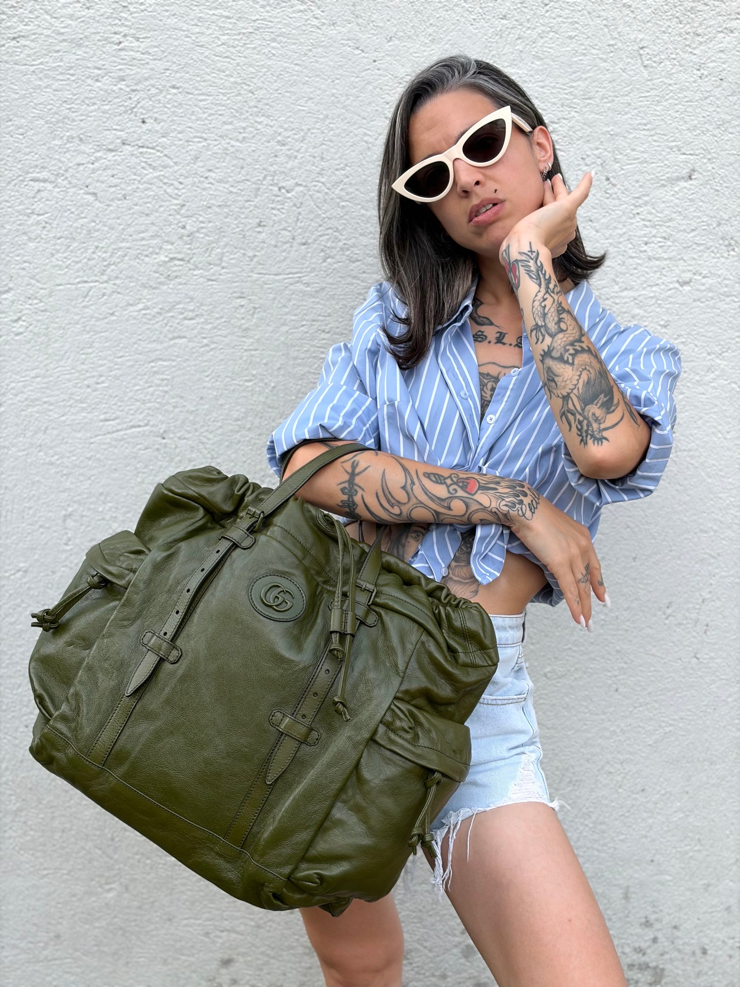 Gucci Monochrome Double G Drawstring Tote verde