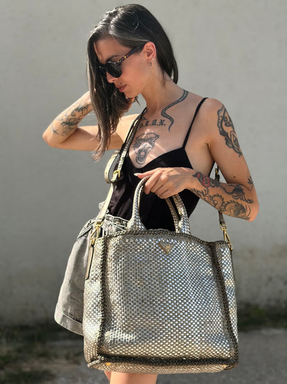 Satchel Madras Prada in pelle intrecciata