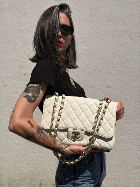 Borsa Chanel caviar Timeless bianca