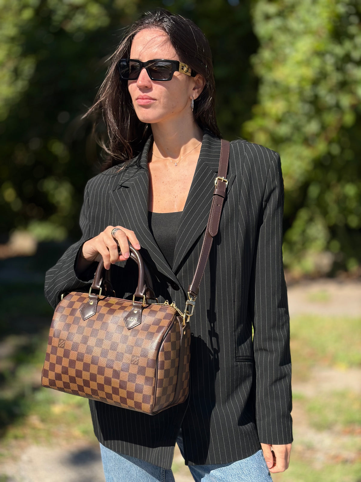 Speedy 25 Bandoulière Damier Ébène Louis Vuitton personalizzato
