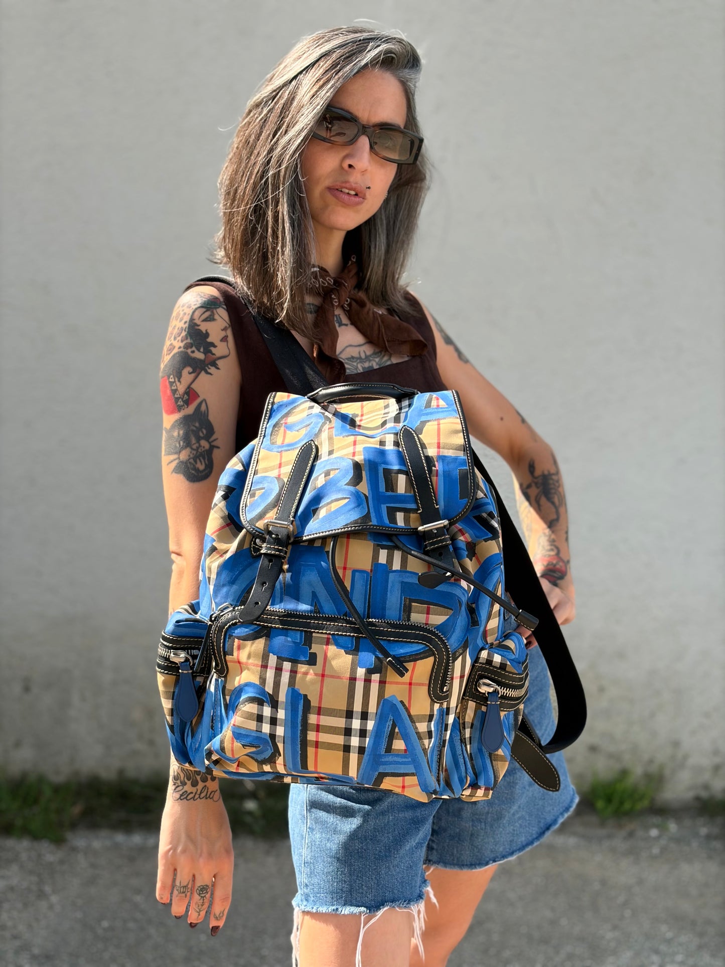 Zaino Burberry Check Graffiti Print Rucksack