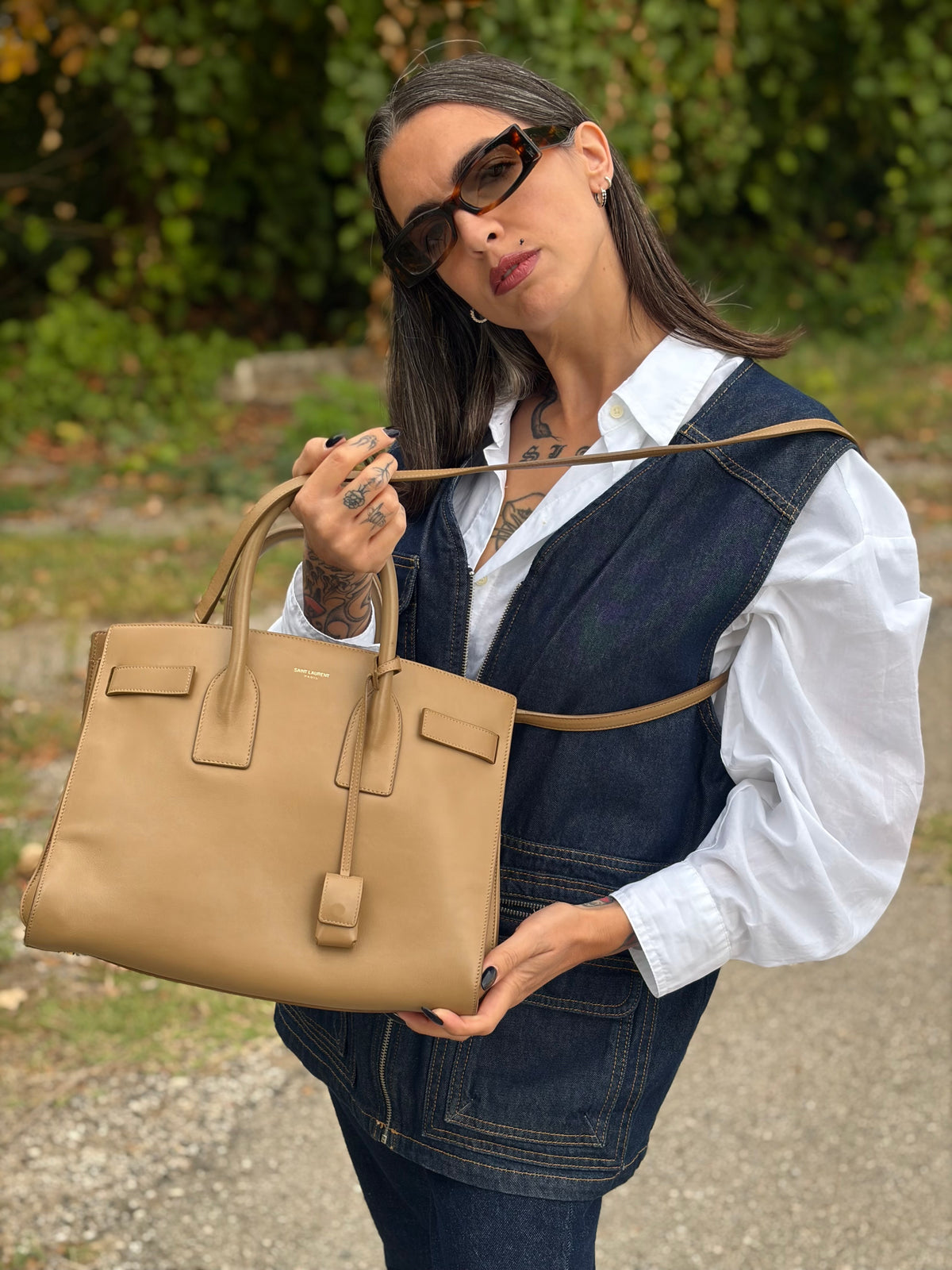 Borsa Sac De Jour Saint Laurent in pelle beige