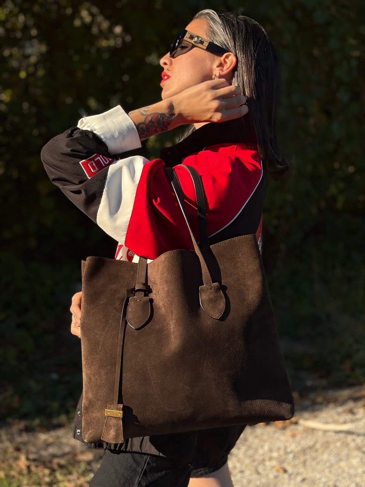 Tote Coccinelle Celene Suede in pelle marrone