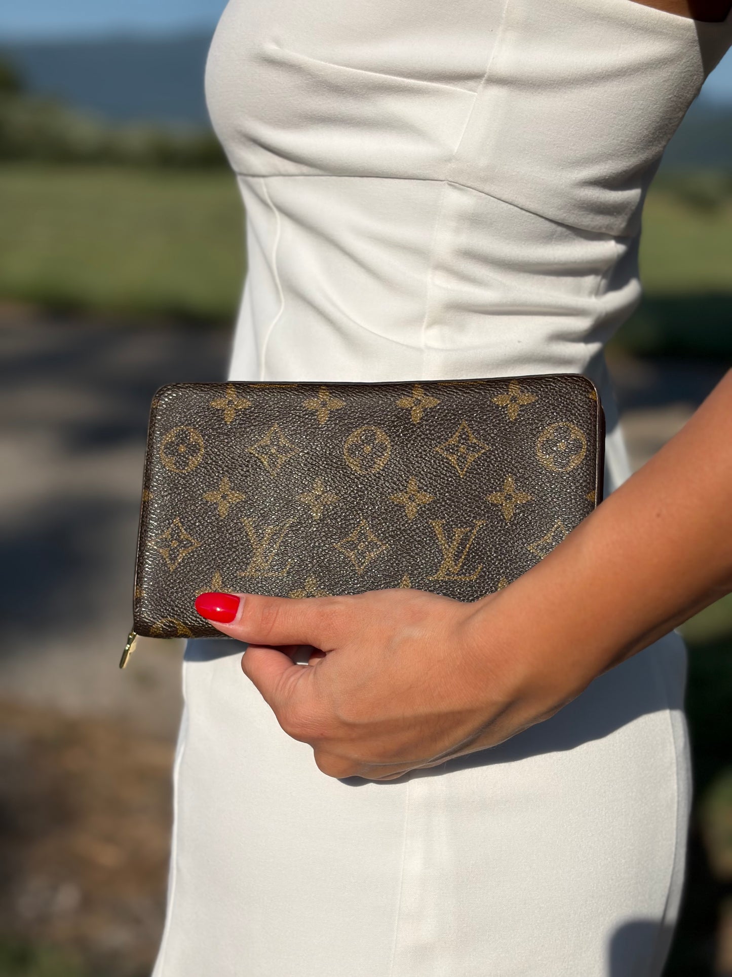 Foto indossata Front Portafoglio compatto Louis Vuitton in canvas marrone monogram, con chiusura con cerniera e parti metalliche dorate. Originale, di lusso, usato, in condizioni ottime. 