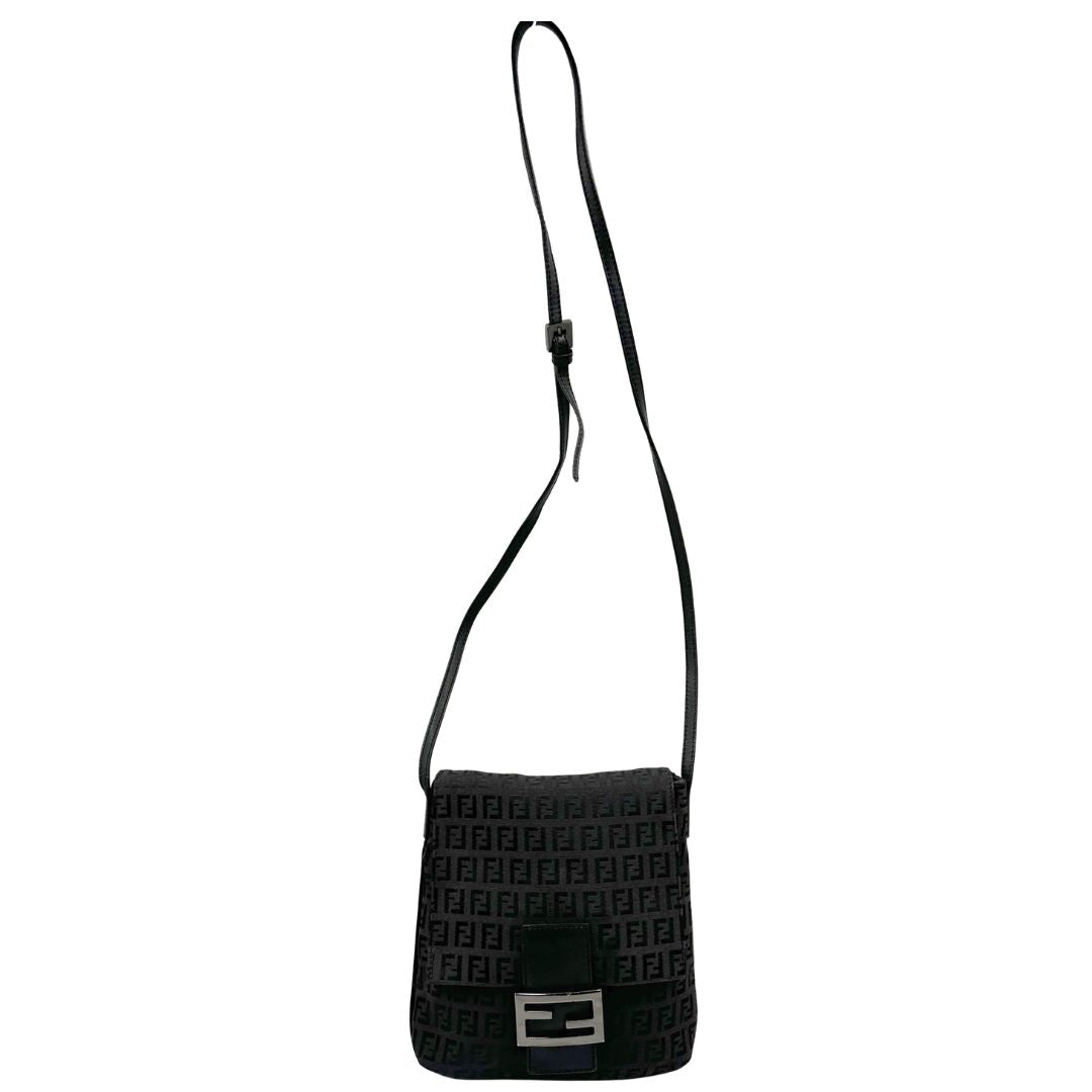 front  Tracolla Fendi marrone trama Zucchino e finiture in pelle nera, di lusso, originale, ottime condizioni, usata. 