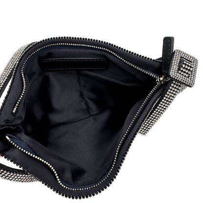 Interno di una borsa Benedetta Bruzziches in tessuto ricoperto da strass multicolore; munita di un manico singolo con fibbie laterali, indossabile a spalla. Completa di dustbag e scatola.