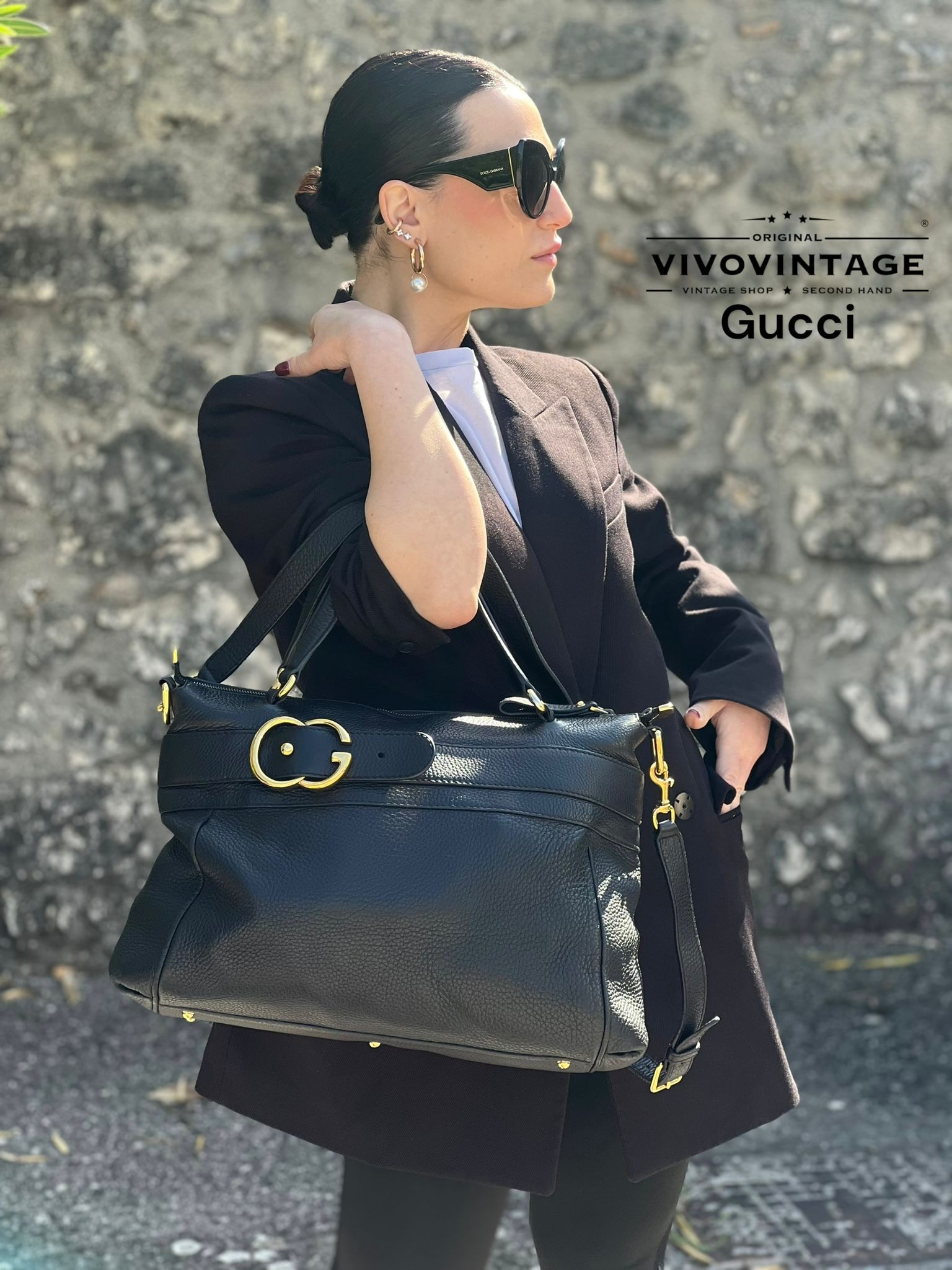 Shopper Gucci nera in pelle martellata, originale, di lusso, usato.
