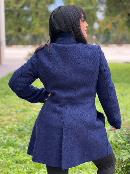 Cappotto Fay blu con inserti metallici effetto renio, in 54% lana vergine, 37% mohair e 3% poliammide, di lusso, originale, ottime condizioni.