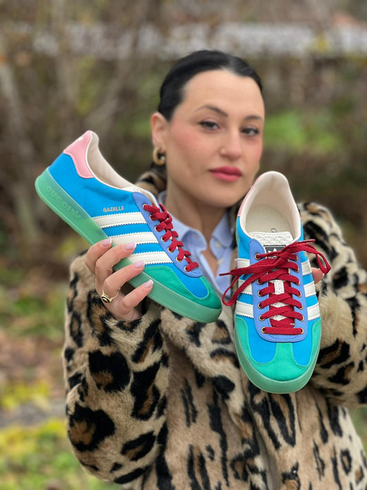  Scarpe Gazzelle Gucci x Adidas in raso e pelle multicolore. Munite di corredo, di lusso, originali, ottime condizioni.