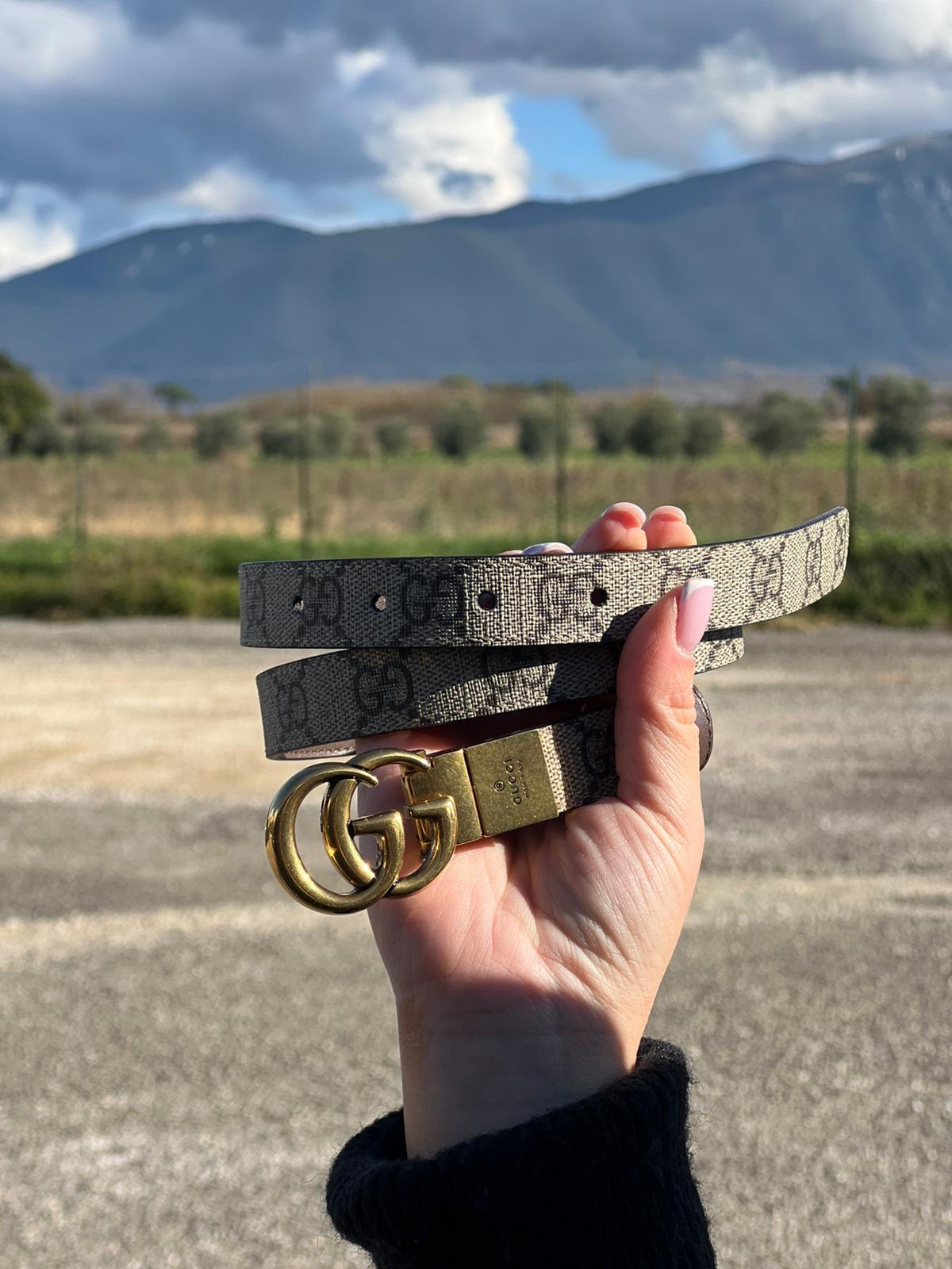  Cintura Gucci reversibile in canvas beige GG e marrone con parti metalliche dorate, di lusso, ottime condizioni, usata.