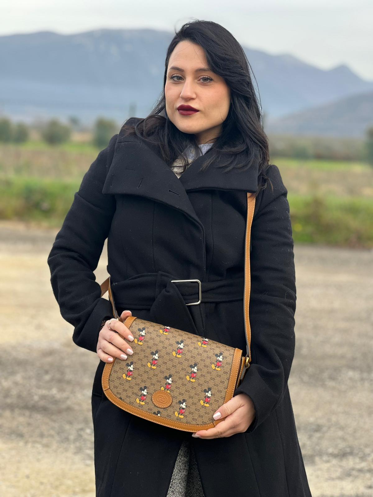 indossata Borsa Gucci  in canvas GG mini marrone con finiture in pelle tono su tono e parti metalliche dorate; stampa di topolino sul canvas, munita di una tracolla regolabile. Completa di dustbag, di lusso, eccellenti condizioni, usata. 