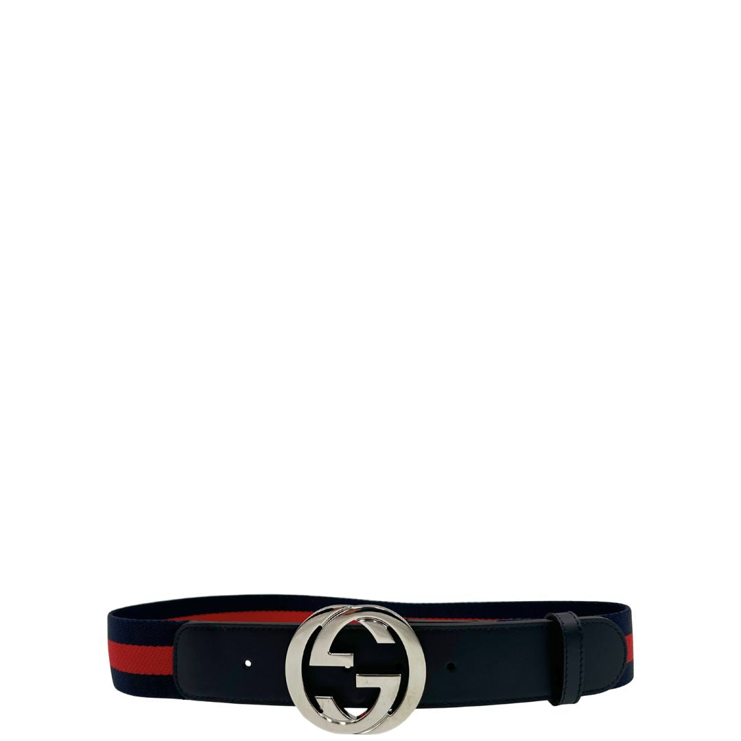Cintura Gucci elasticizzata con strisce trama Web blu e rosse, finiture in pelle blu e parti metalliche argentate