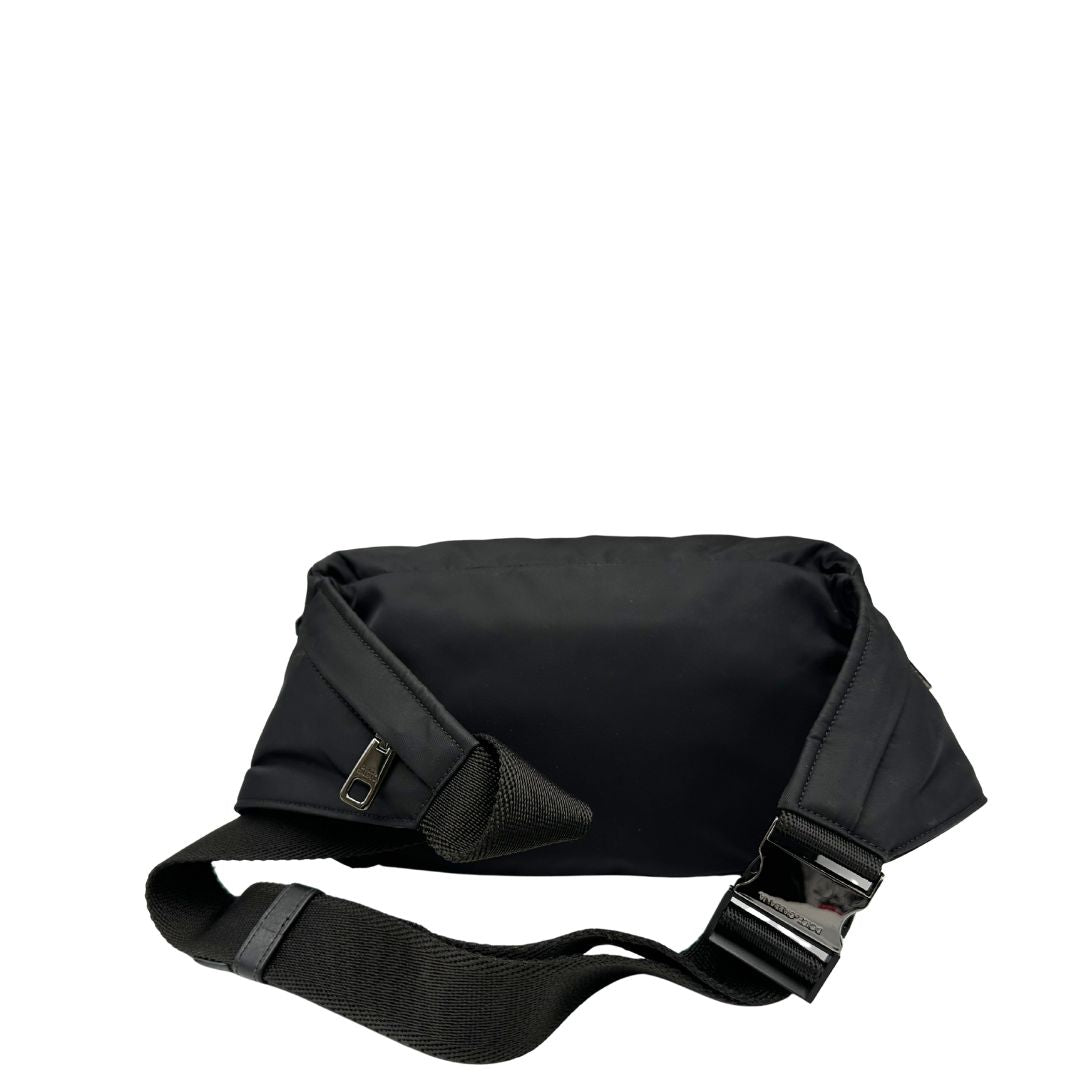 retro front Marsupio D&G in nylon nero rifinito con parti metalliche effetto renio; munita di cinta regolabile con chiusura a gancio 