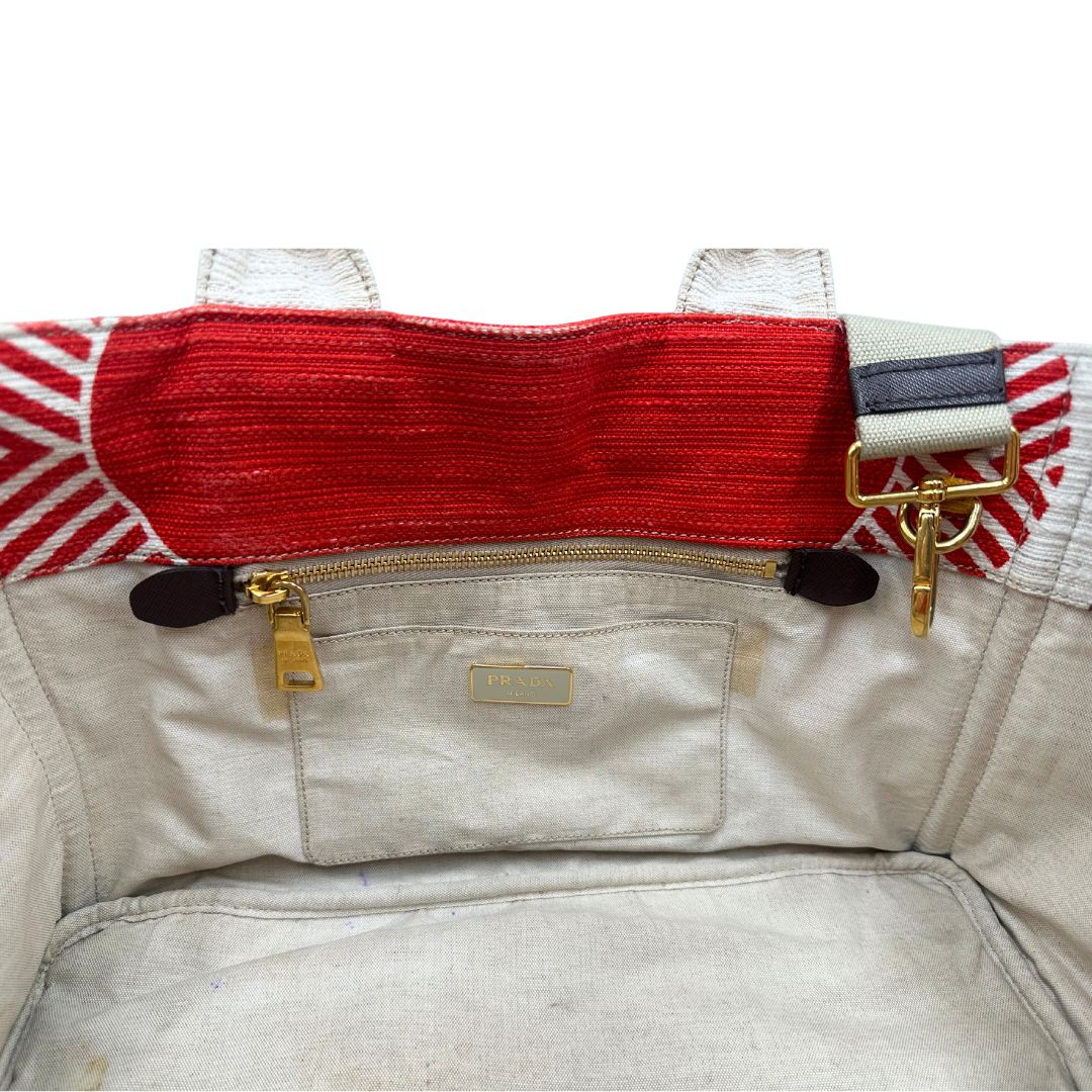 Interno di una borsa Prada in tessuto trama multicolore, con inserti metallici dorati; dotata di doppi manici e una tracolla amovibile e regolabile. Indossabile a mano o a tracolla. Completa di card d'autenticità.