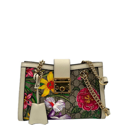  Front Borsa Gucci in canvas beige trama GG con. Decori multicolore floreali e finiture in pelle bianco avorio. Parti metalliche dorate, indossabile a tracolla