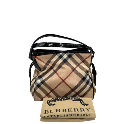 Borsa Burberry in canvas trama tartan con finiture in pelle nera verniciata; munita di doppi manici, indossabile a spalla. Completa di dustbag, di lusso, originale, ottimo stato 