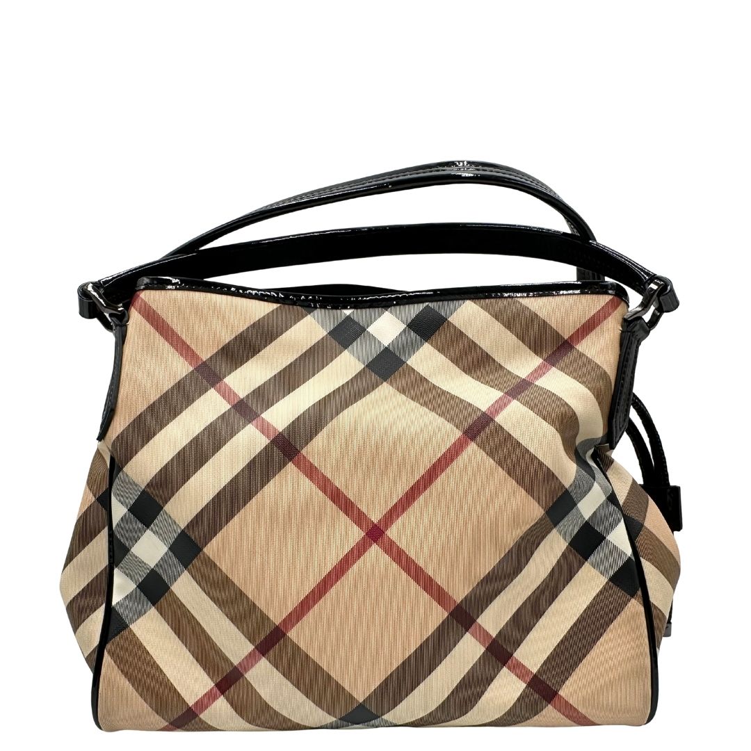 retro Borsa Burberry in canvas trama tartan con finiture in pelle nera verniciata; munita di doppi manici, indossabile a spalla. Completa di dustbag, di lusso, originale, ottimo stato 