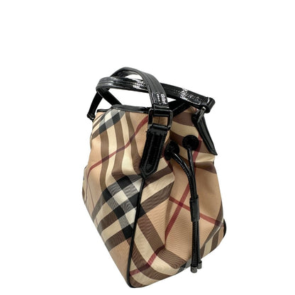 lato Borsa Burberry in canvas trama tartan con finiture in pelle nera verniciata; munita di doppi manici, indossabile a spalla. Completa di dustbag, di lusso, originale, ottimo stato 