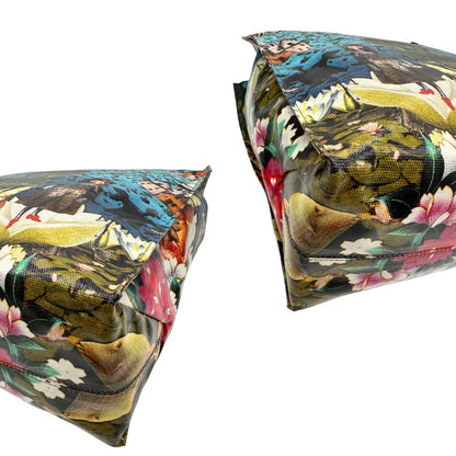 Angoli Borsa Furla in fibra sintetica multicolore stampata con fantasia artistica surreale e manici rigidi marroni in acetato con inserti metalliche dorate. Completa di dustbag. Originale, usata, di lusso, in ottime condizioni