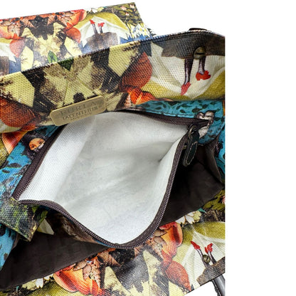 Tasca Borsa Furla in fibra sintetica multicolore stampata con fantasia artistica surreale e manici rigidi marroni in acetato con inserti metalliche dorate. Completa di dustbag. Originale, usata, di lusso, in ottime condizioni