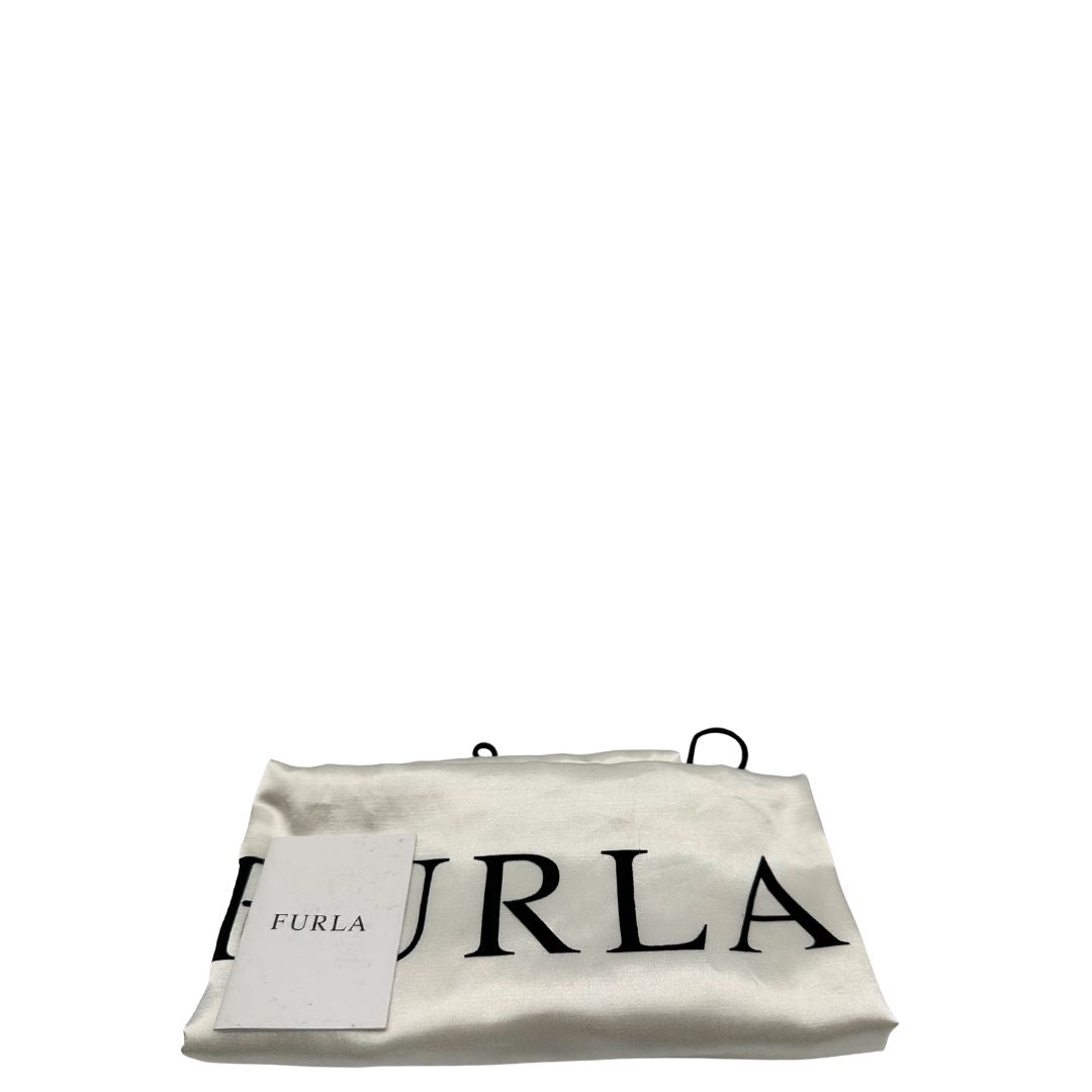 Borsa Furla in fibra sintetica multicolore stampata con fantasia artistica surreale e manici rigidi marroni in acetato con inserti metalliche dorate. Completa di dustbag. Originale, usata, di lusso, in ottime condizioni