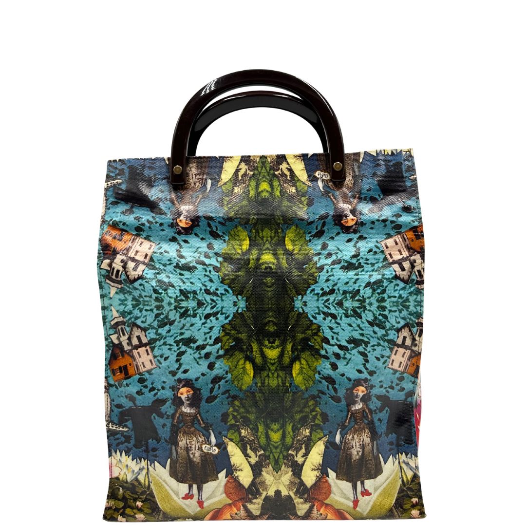 Front Borsa Furla in fibra sintetica multicolore stampata con fantasia artistica surreale e manici rigidi marroni in acetato con inserti metalliche dorate. Completa di dustbag. Originale, usata, di lusso, in ottime condizioni