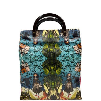 Front Borsa Furla in fibra sintetica multicolore stampata con fantasia artistica surreale e manici rigidi marroni in acetato con inserti metalliche dorate. Completa di dustbag. Originale, usata, di lusso, in ottime condizioni